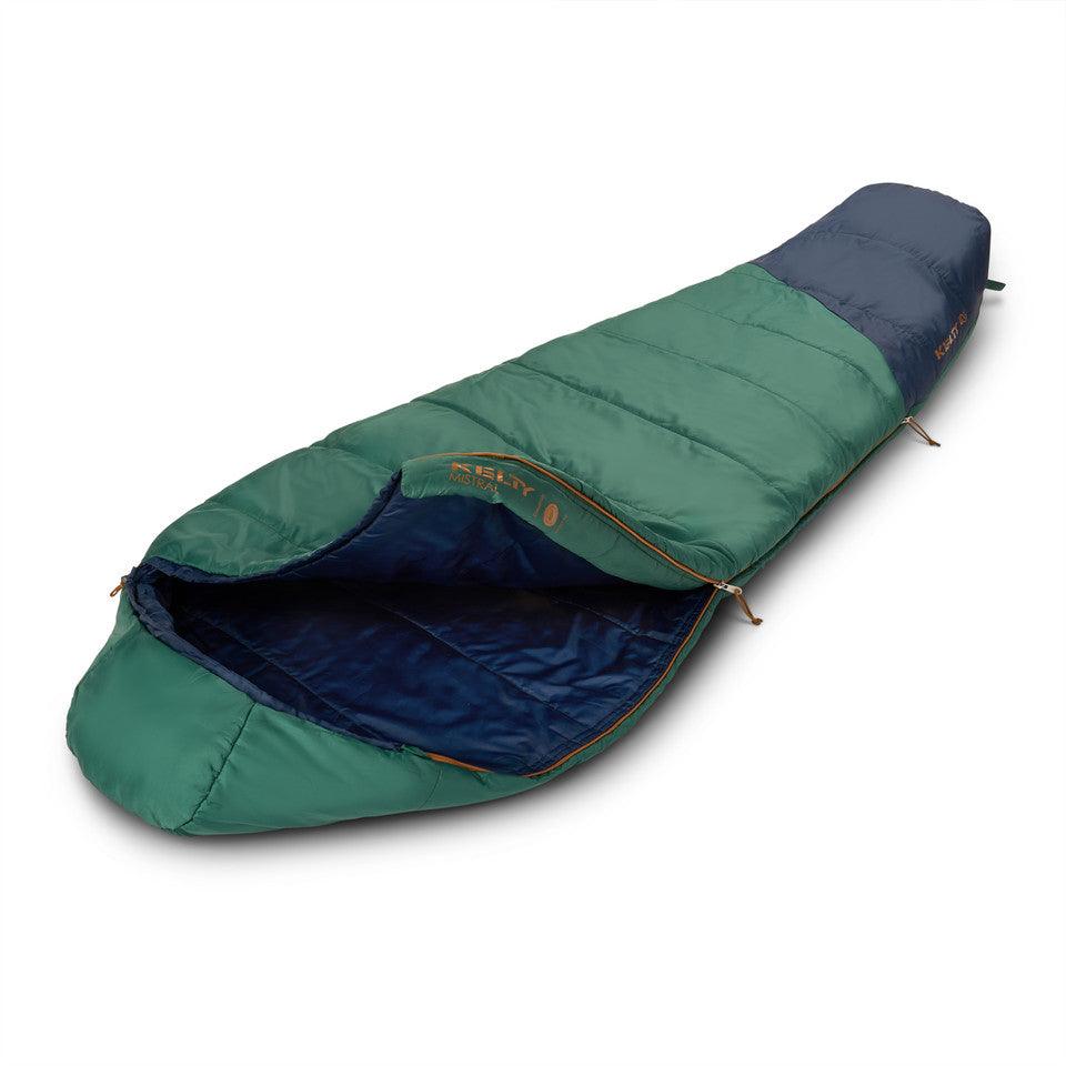 Green and navy mummy sleeping bag for camping with Kelty branding on white background