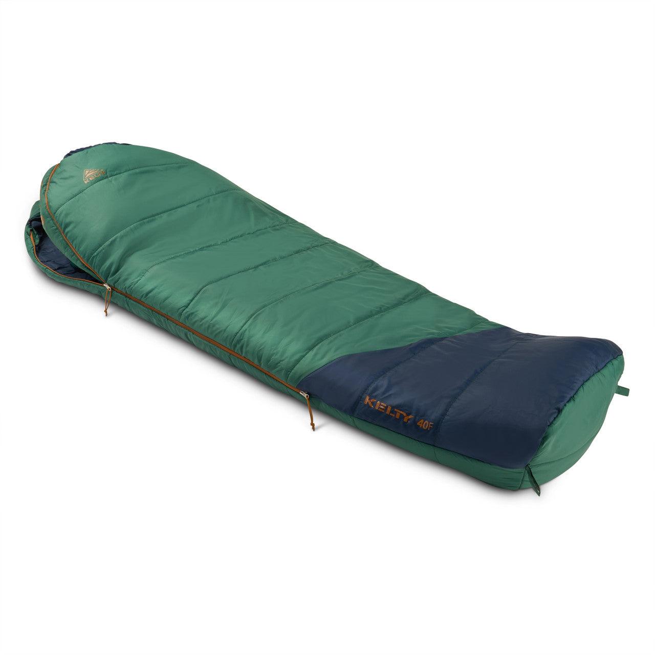 Green and navy Kelty 40F sleeping bag for camping and outdoor sleeping