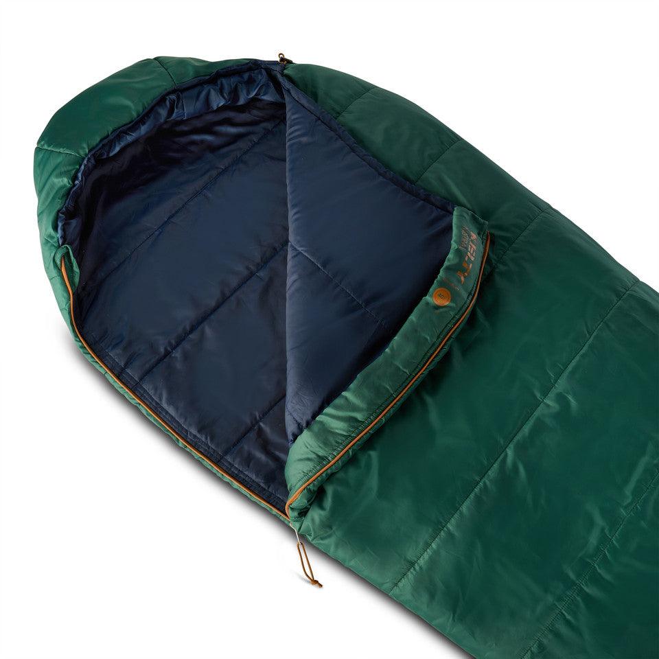 Green and navy mummy-style sleeping bag for camping with zippered closure