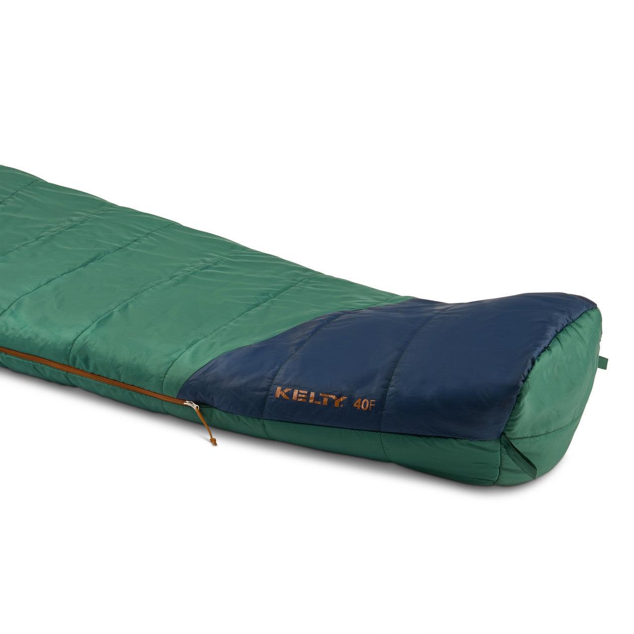 Kelty 40F green and blue sleeping bag with zipper, designed for camping