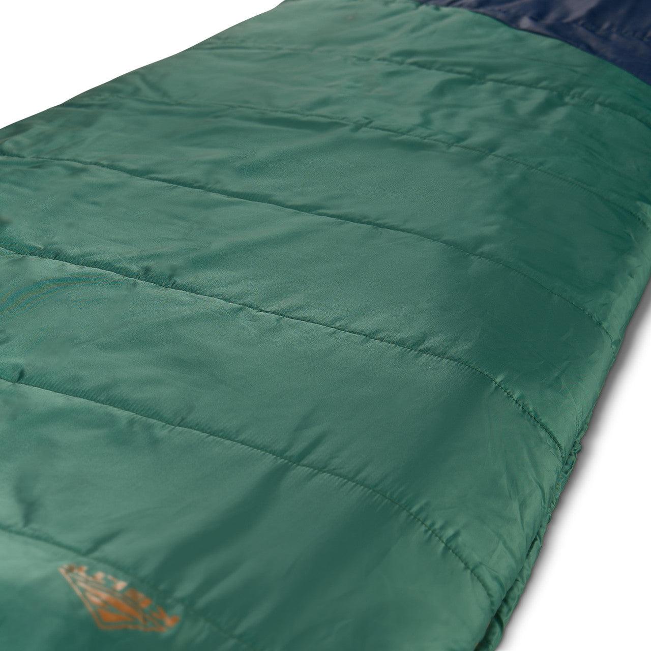 Green and blue outdoor sleeping bag with stitched seams, close-up fabric texture