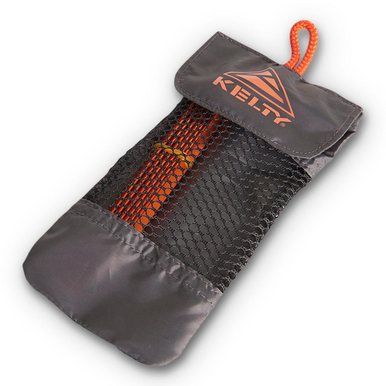 Kelty black mesh pouch with orange zipper and loop, camping gear storage bag