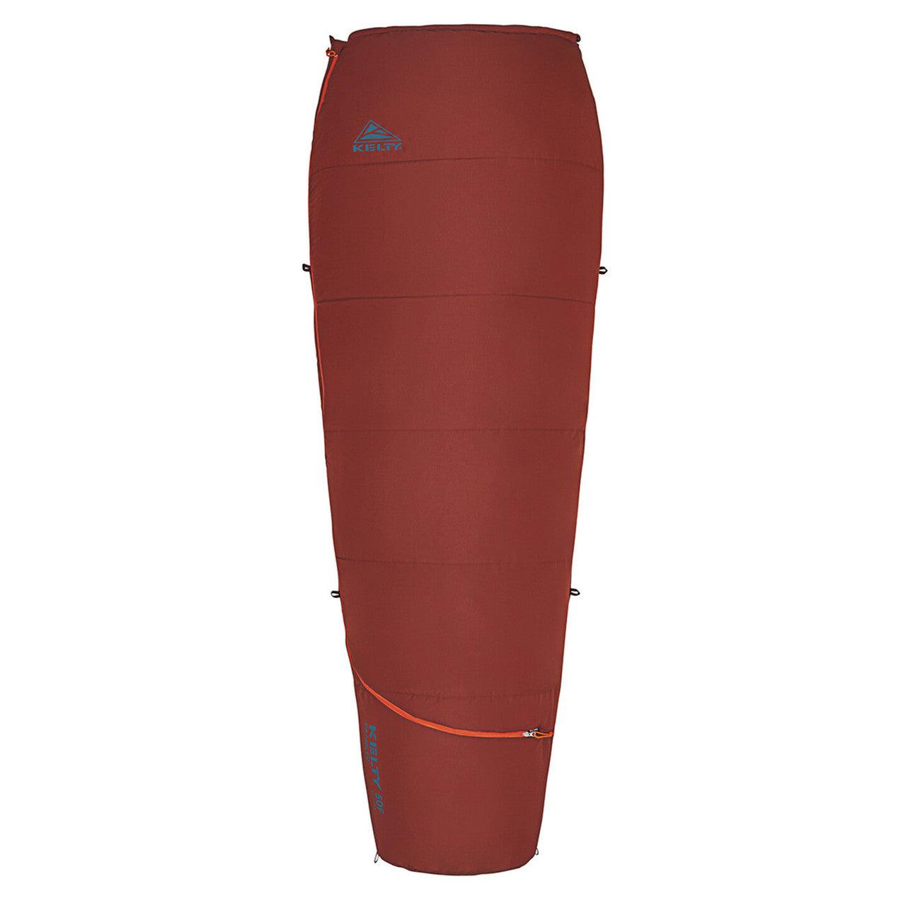 Red Kelty mummy sleeping bag with blue logo and orange zipper, isolated on white background.