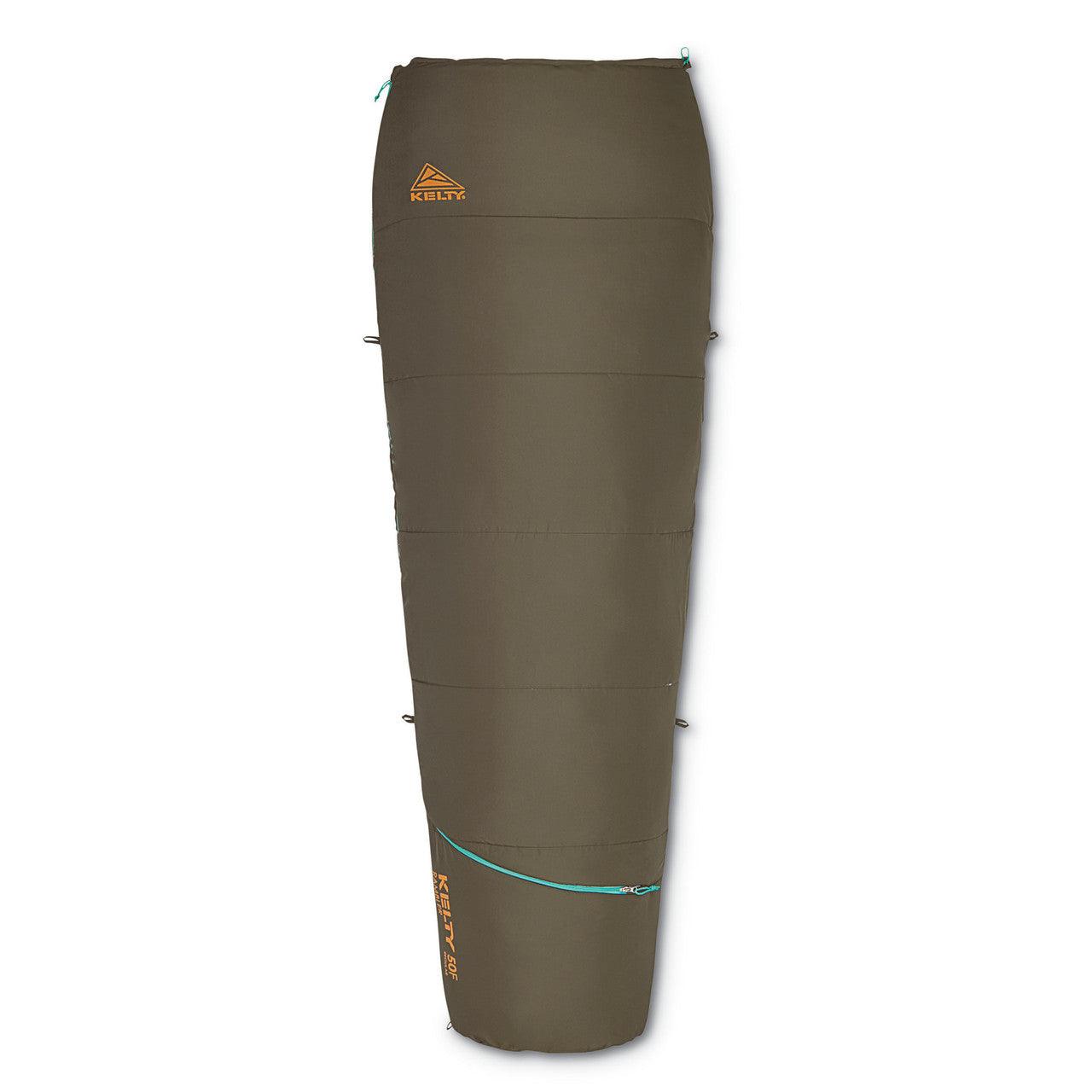 Kelty green mummy-style sleeping bag with orange logo and teal zipper on white background