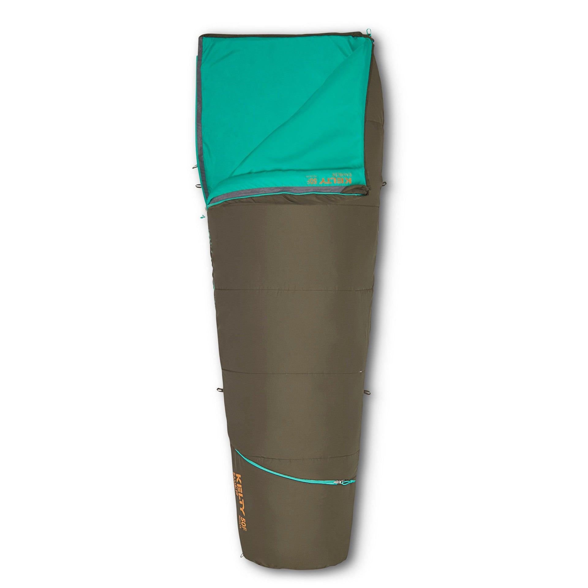 Kelty Rambler 50 mummy sleeping bag in brown with teal interior for camping