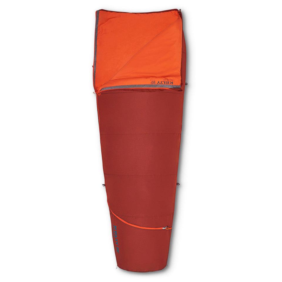 Kelty red and orange mummy sleeping bag with zippered closure on white background
