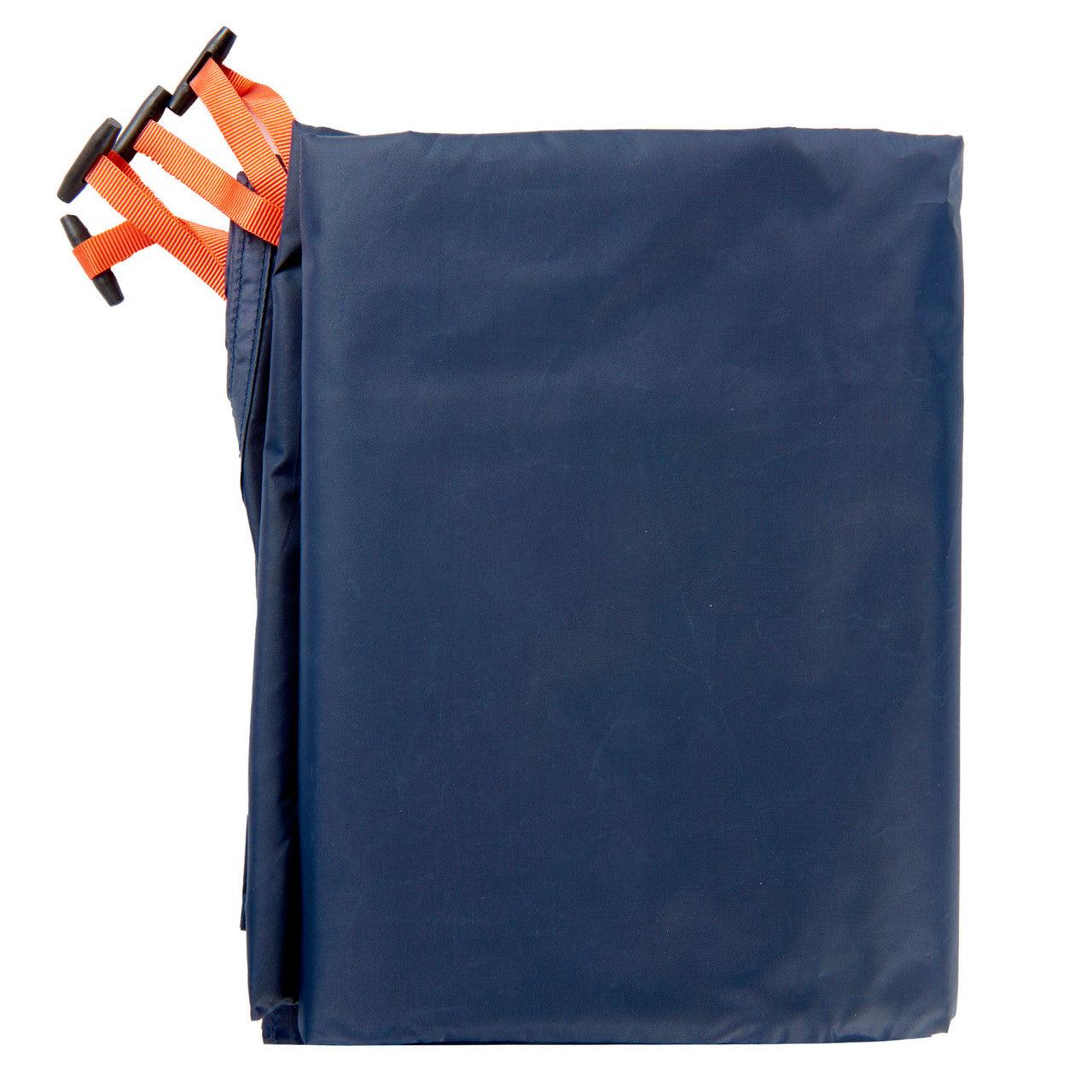 Folded blue tent footprint with orange straps on white background