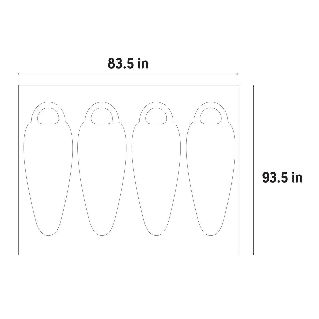 Rumpus 4P tent footprint diagram with four sleeping bag shapes, 83.5 x 93.5 inches