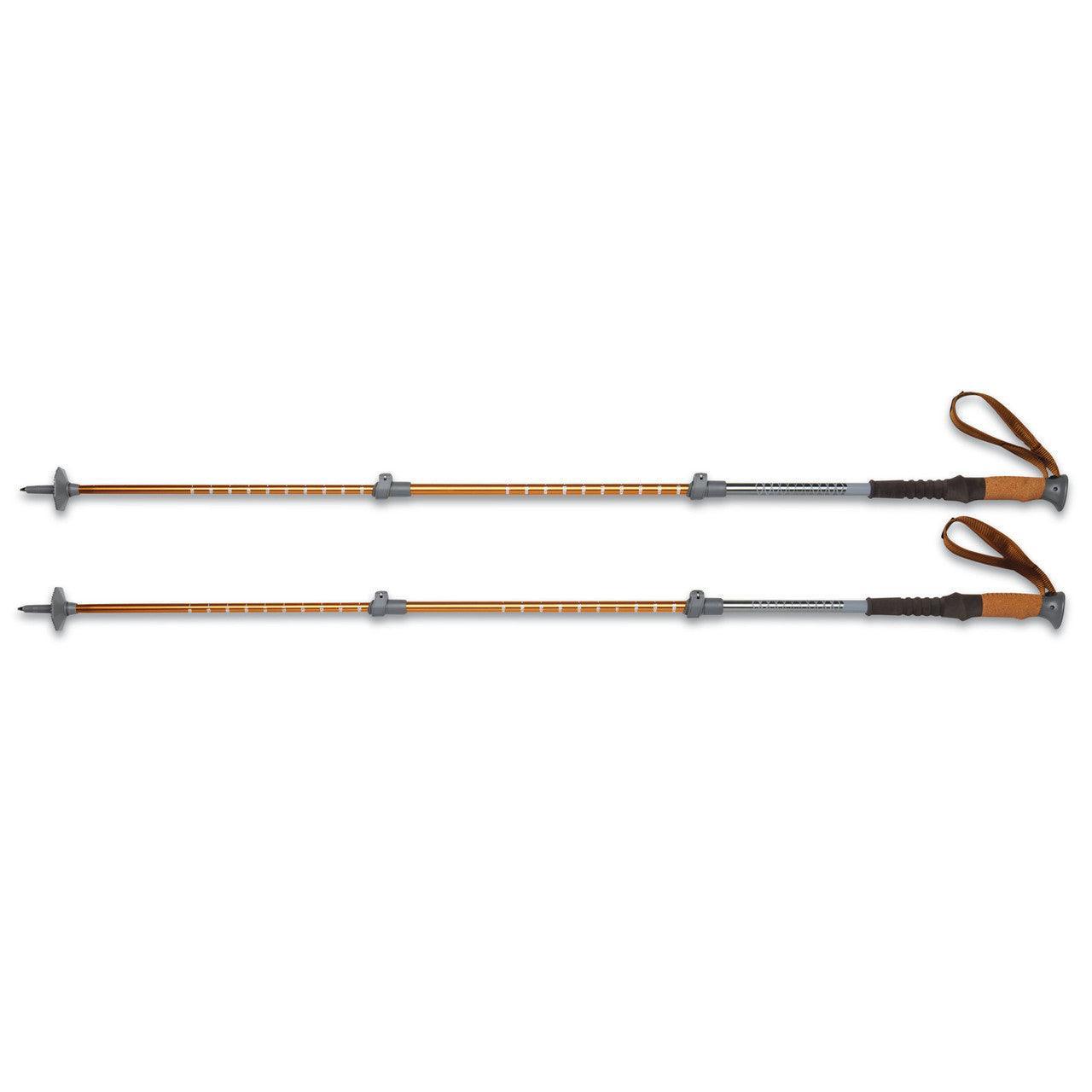 Kelty Scree trekking poles pair with orange shafts, black grips, and wrist straps on white background