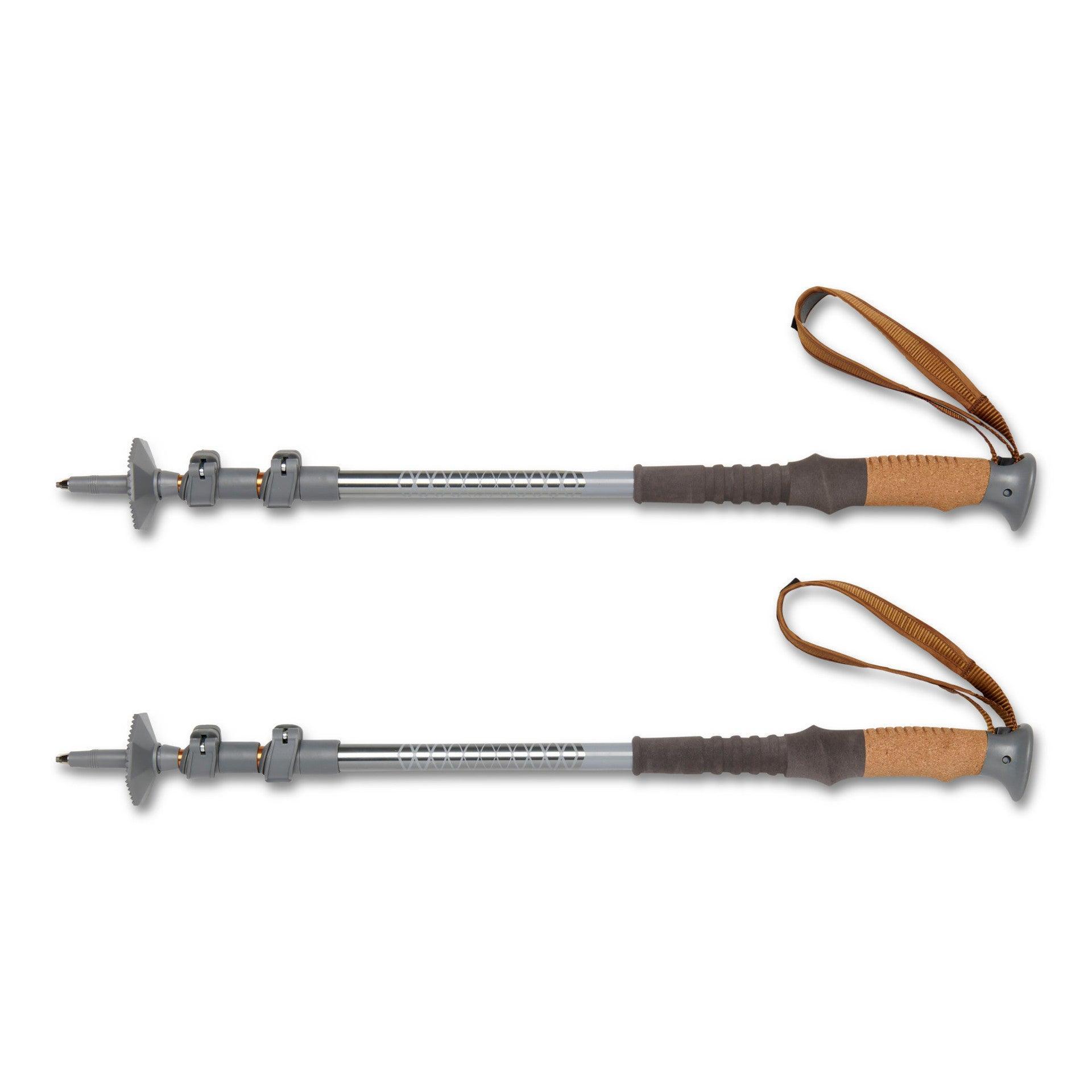 Kelty Scree trekking poles pair with cork handles and adjustable aluminum shafts on white background
