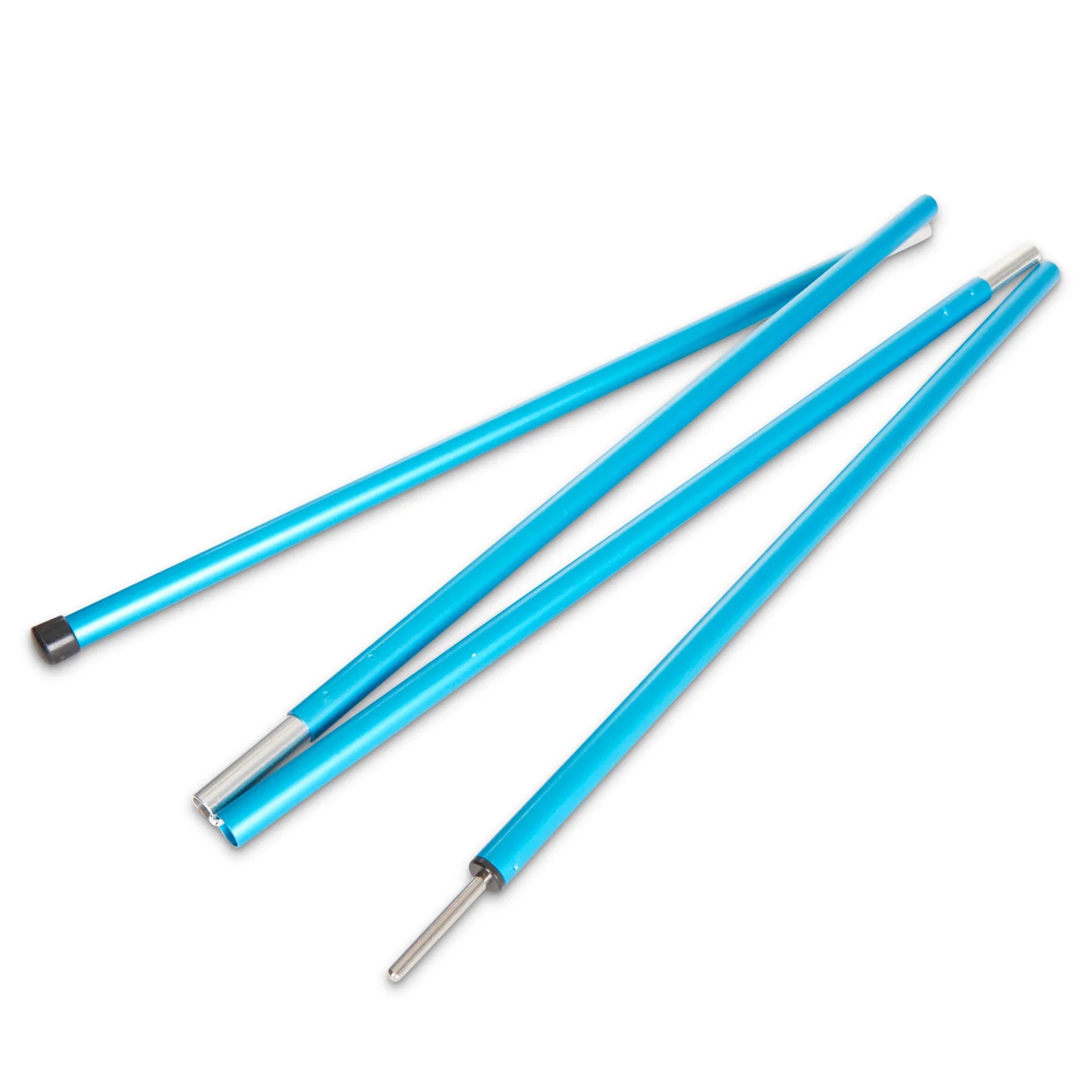 Four blue aluminum tent poles with metal connectors on white background