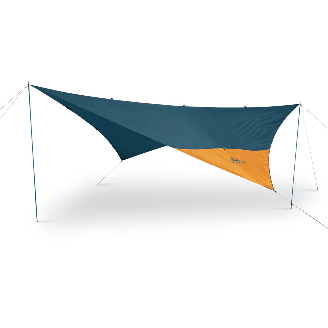 Blue and orange camping tarp shelter with four poles on white background