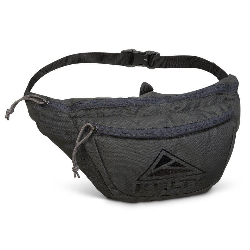 Kelty Warbler black fanny pack with zip pocket and adjustable strap on white background