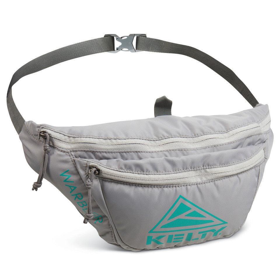 Kelty Warbler gray fanny pack with teal logo and zippers, outdoor gear