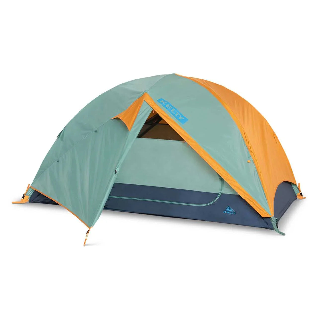 Kelty Wireless 2 tent with orange and teal rainfly, pitched on white background