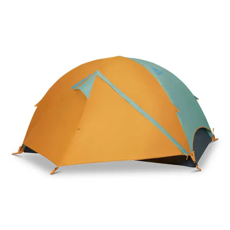 Kelty Wireless 2 tent, two-tone orange and teal, dome shape, on white background