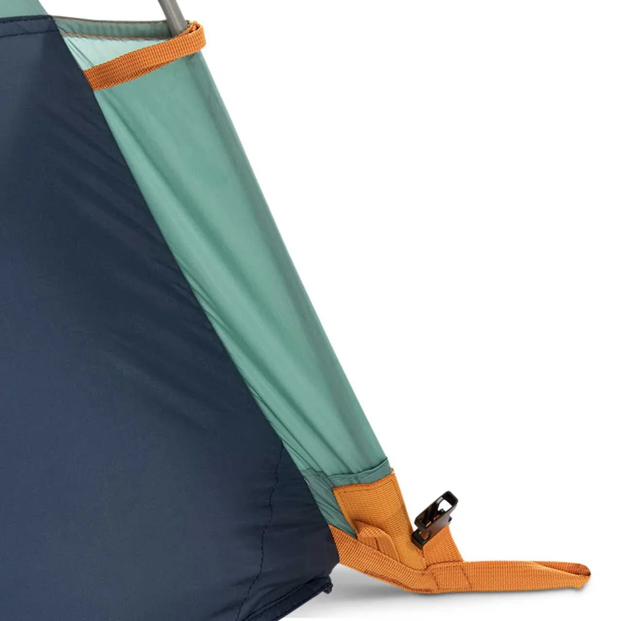Kelty Wireless 2 tent corner detail with green and navy fabric and orange strap