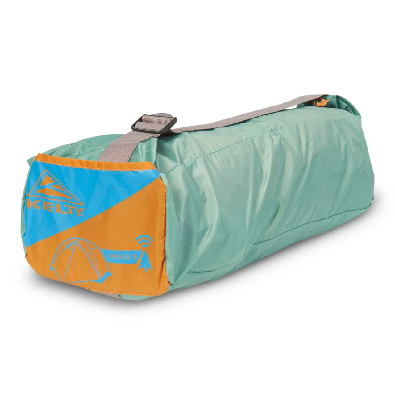 Kelty Wireless 2 tent in light blue and orange carry bag with shoulder strap