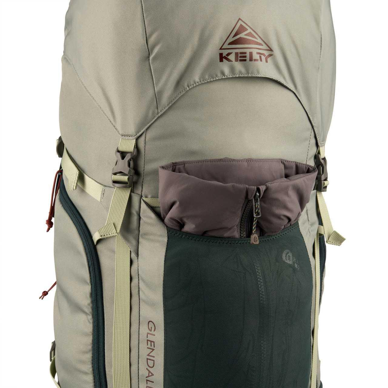Kelty Glendale 65L women's hiking backpack in khaki with multiple pockets and zippers