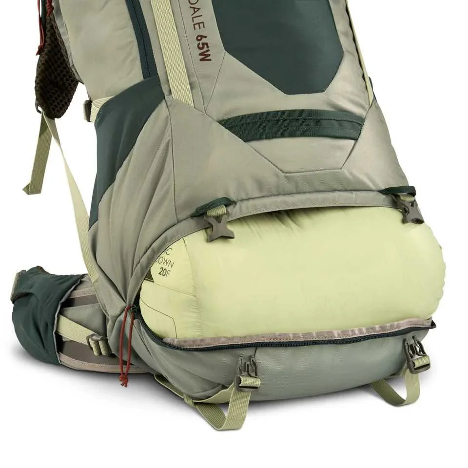 Kelty Glendale 65L women's hiking backpack in green with bottom sleeping bag compartment