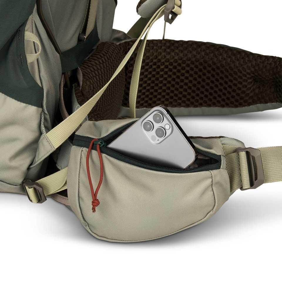 Kelty Glendale 65L backpack hip belt pocket with phone inside, hiking gear closeup