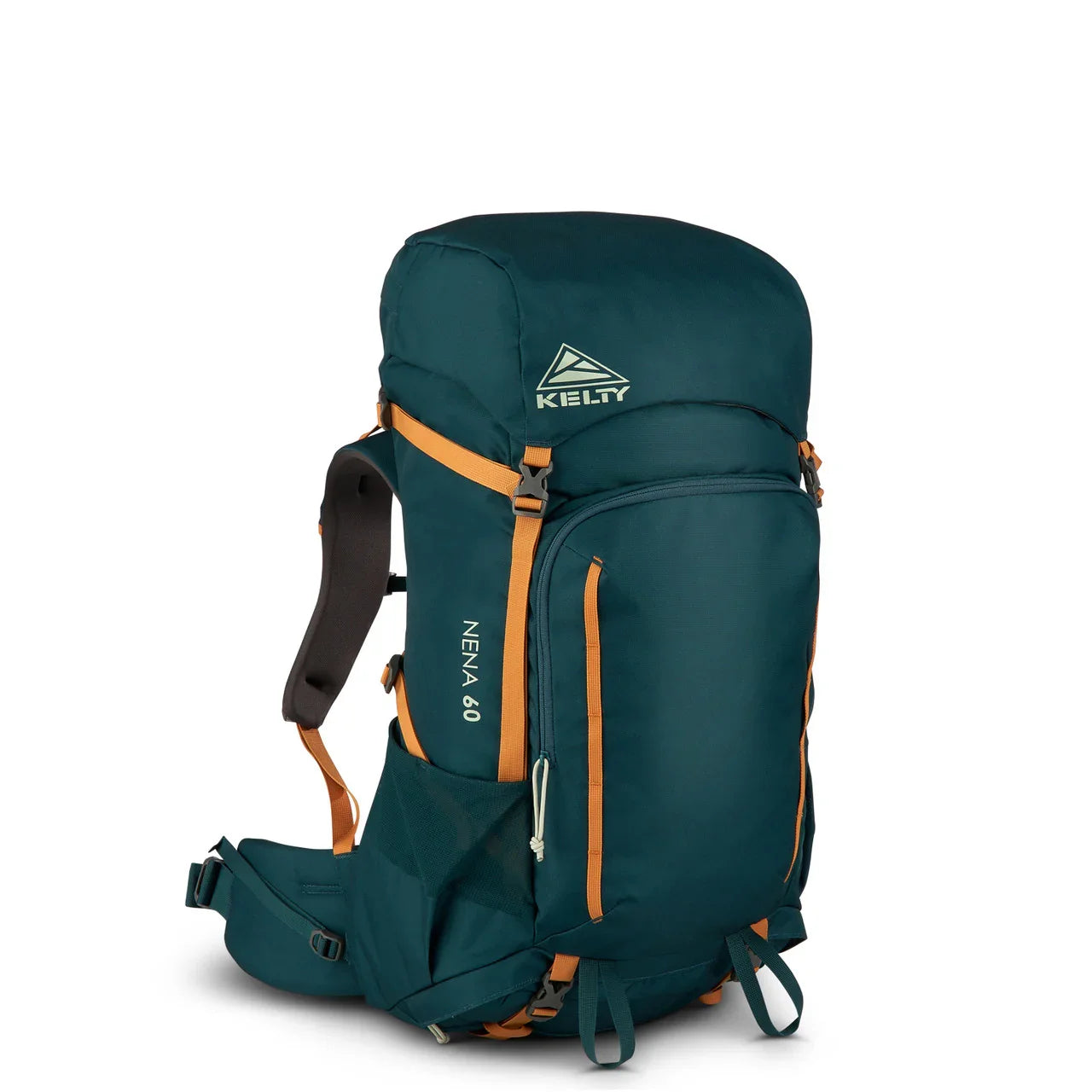 Kelty Nena 60L teal and orange hiking backpack with logo and front zip pockets