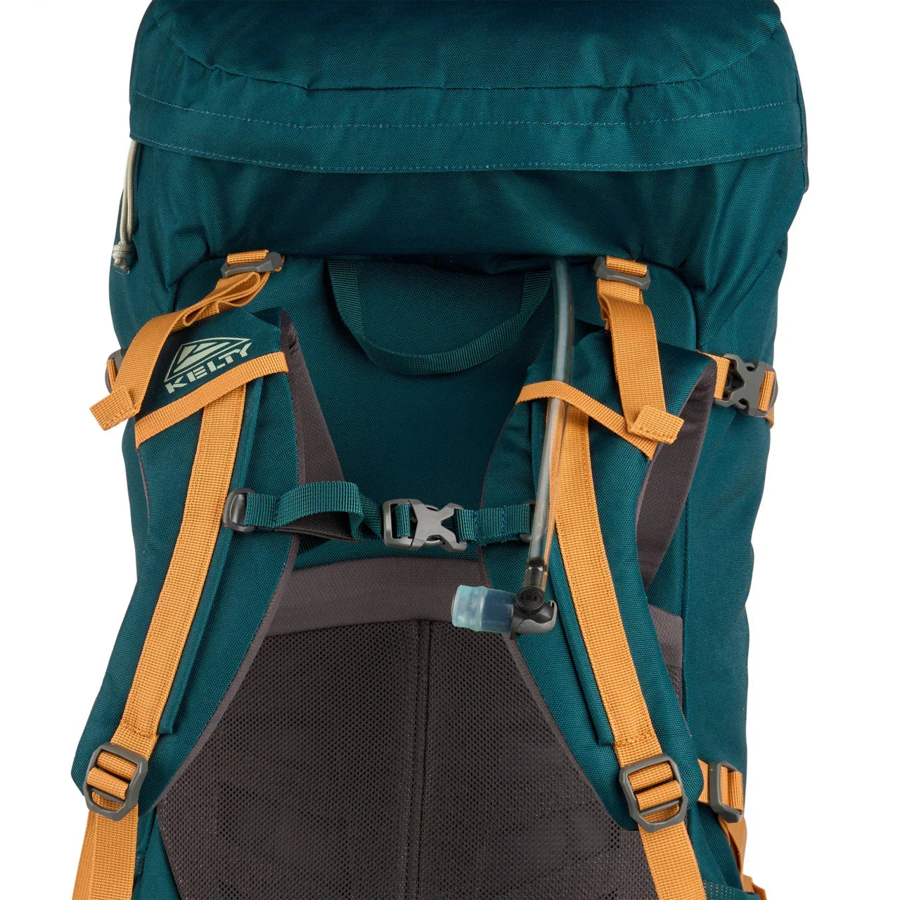 Kelty Nena 65L deep teal hiking backpack with orange straps and hydration tube