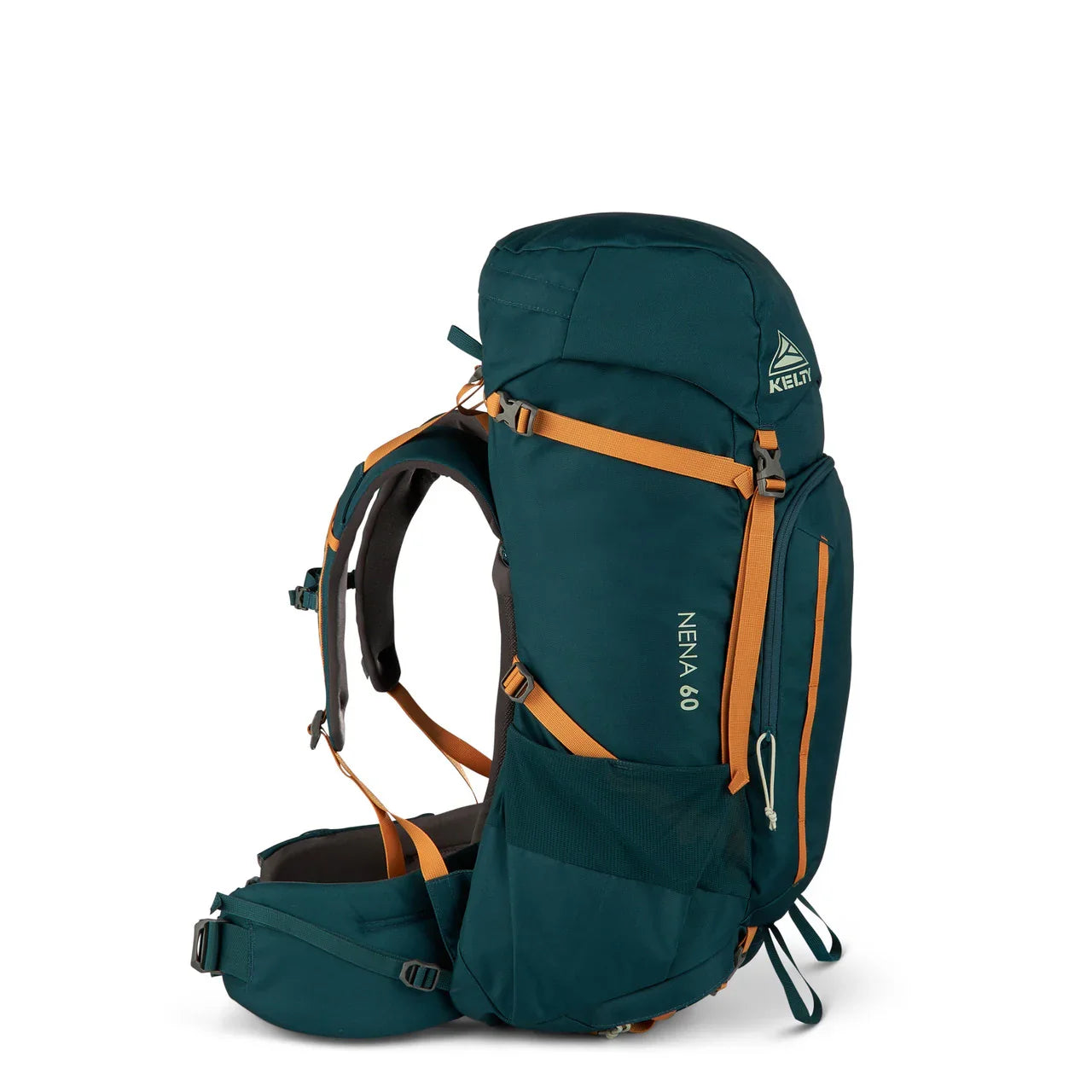 Kelty Nena 60L teal hiking backpack with orange straps and zippered pockets