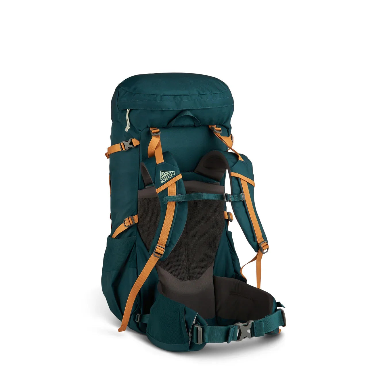 Kelty deep teal Nena 60L hiking backpack with orange straps on white background