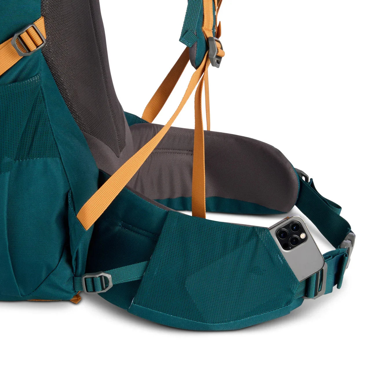 Kelty Nena 65L deep teal backpack hip belt with pocket holding a smartphone