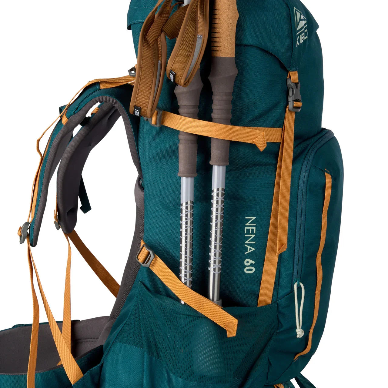 Kelty Nena 60L deep teal hiking backpack with trekking poles and orange straps