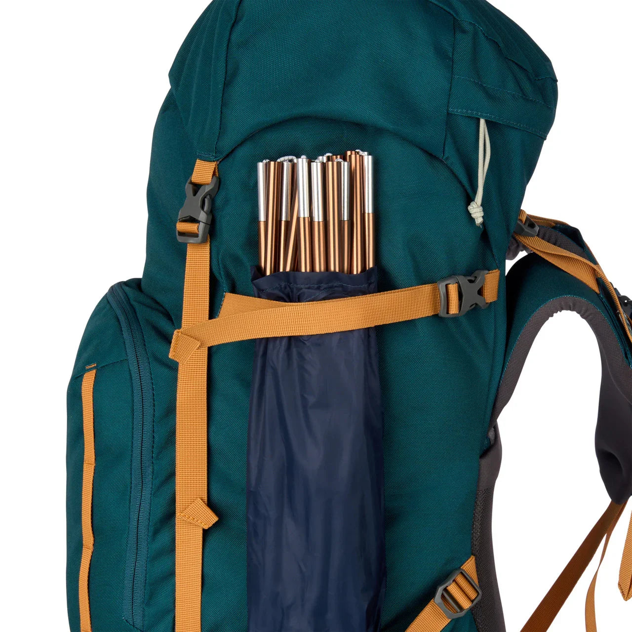Kelty Nena 65L deep teal backpack with tent poles in side pocket, gold straps visible