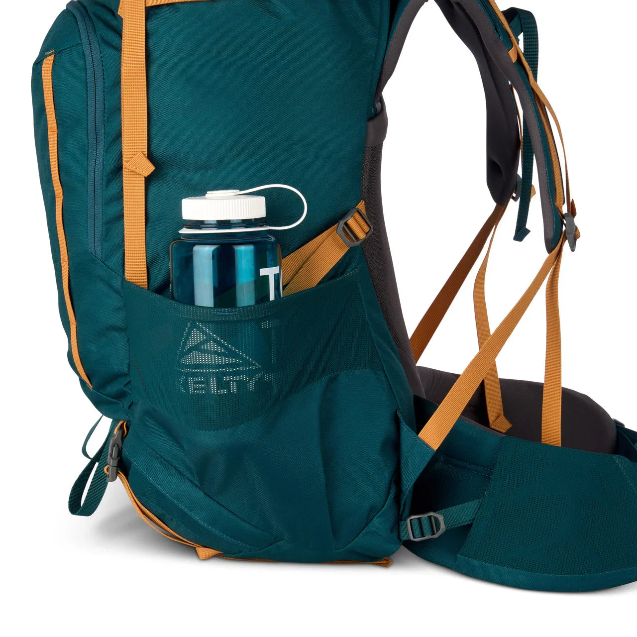 Kelty Nena 65L deep teal hiking backpack side view with water bottle in mesh pocket