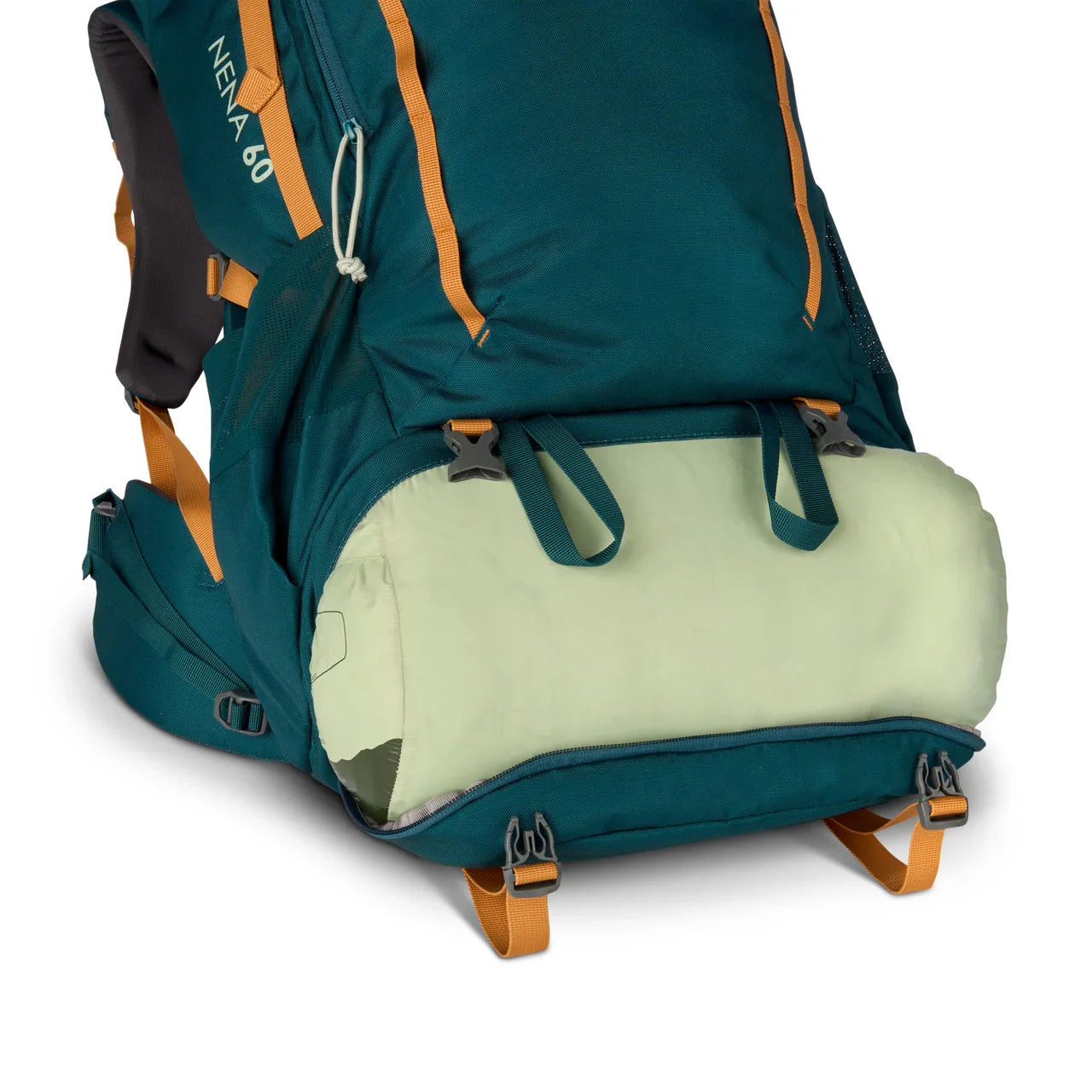 Kelty Nena 65L Deep Teal backpack gear compartment with orange straps