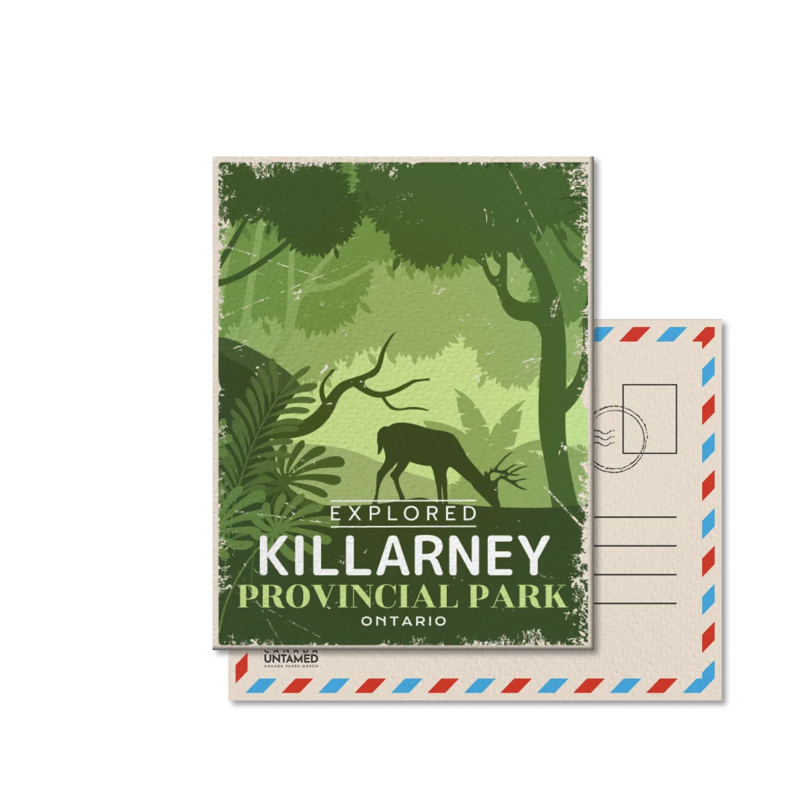 Killarney Provincial Park Ontario postcard with deer silhouette in green forest