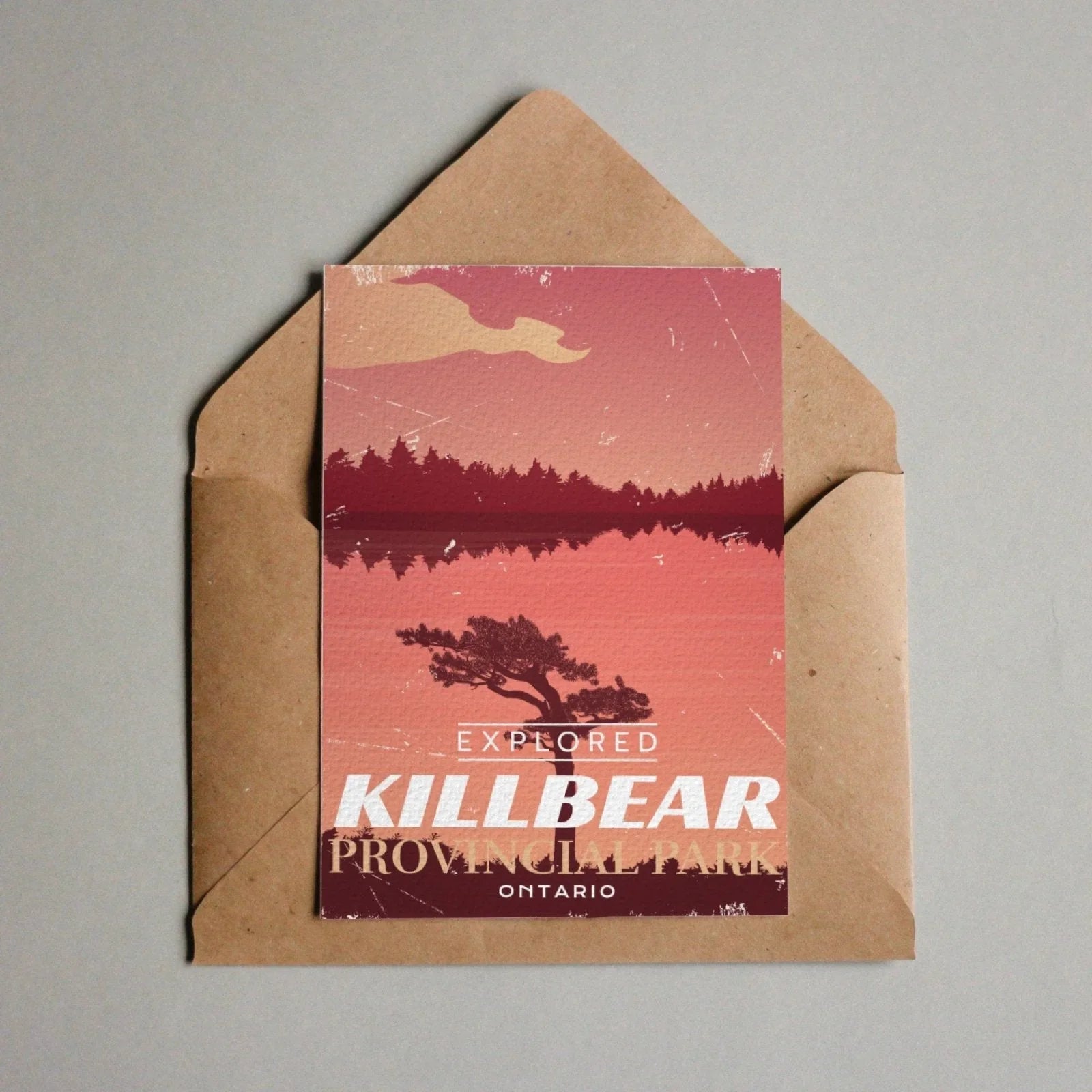 Killbear Ontario Provincial Park postcard with sunset lake and pine tree silhouette