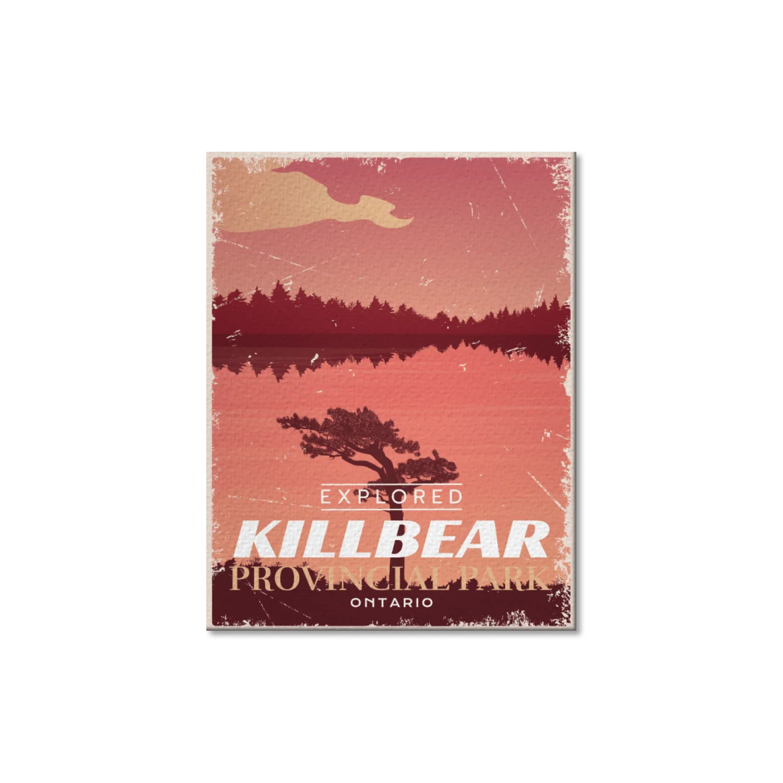 Killbear Provincial Park Ontario postcard with sunset, pine tree silhouette, and lake reflection