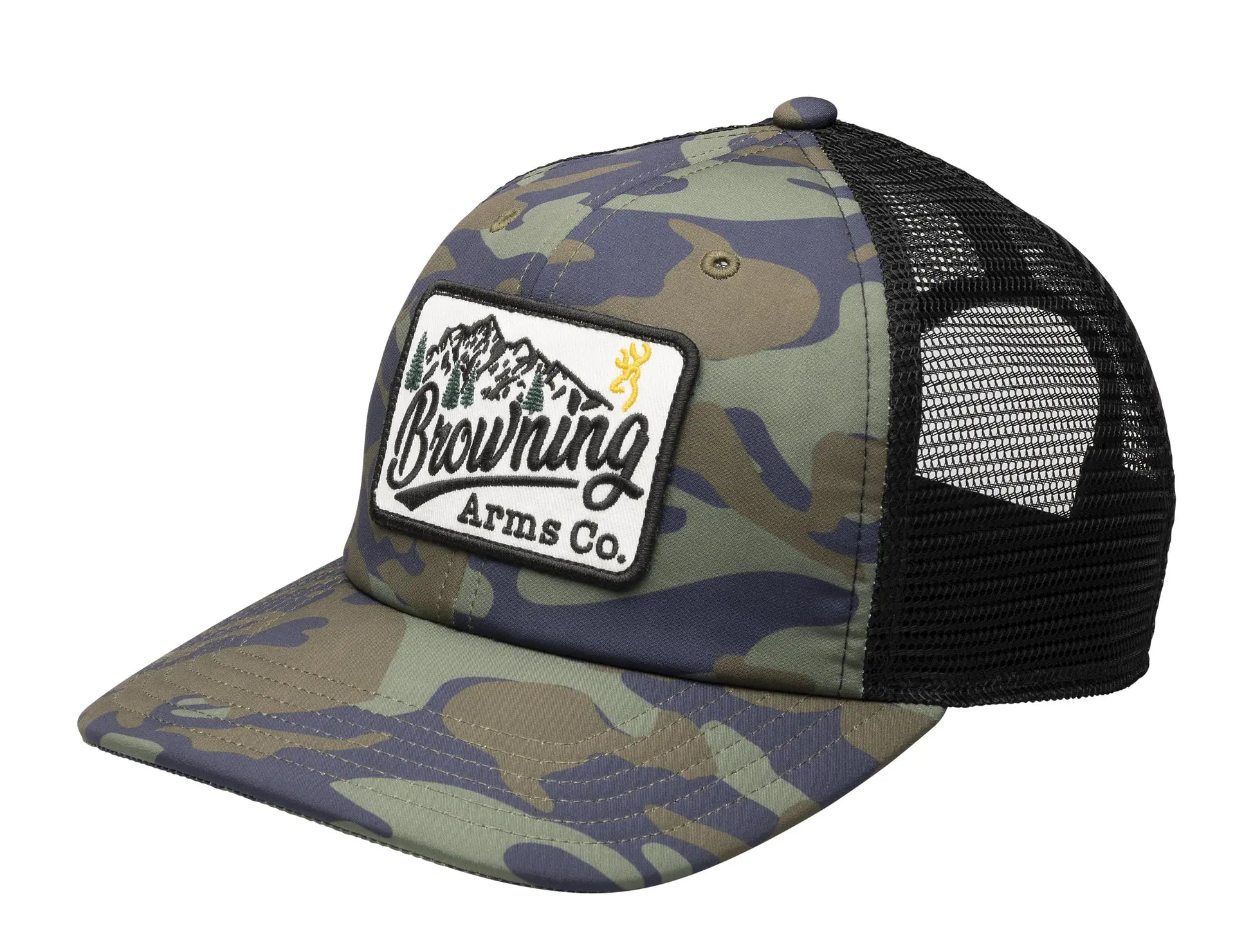 Browning Kingston Camo Cap with vintage woodland camouflage, mesh back and Browning Arms Company patch