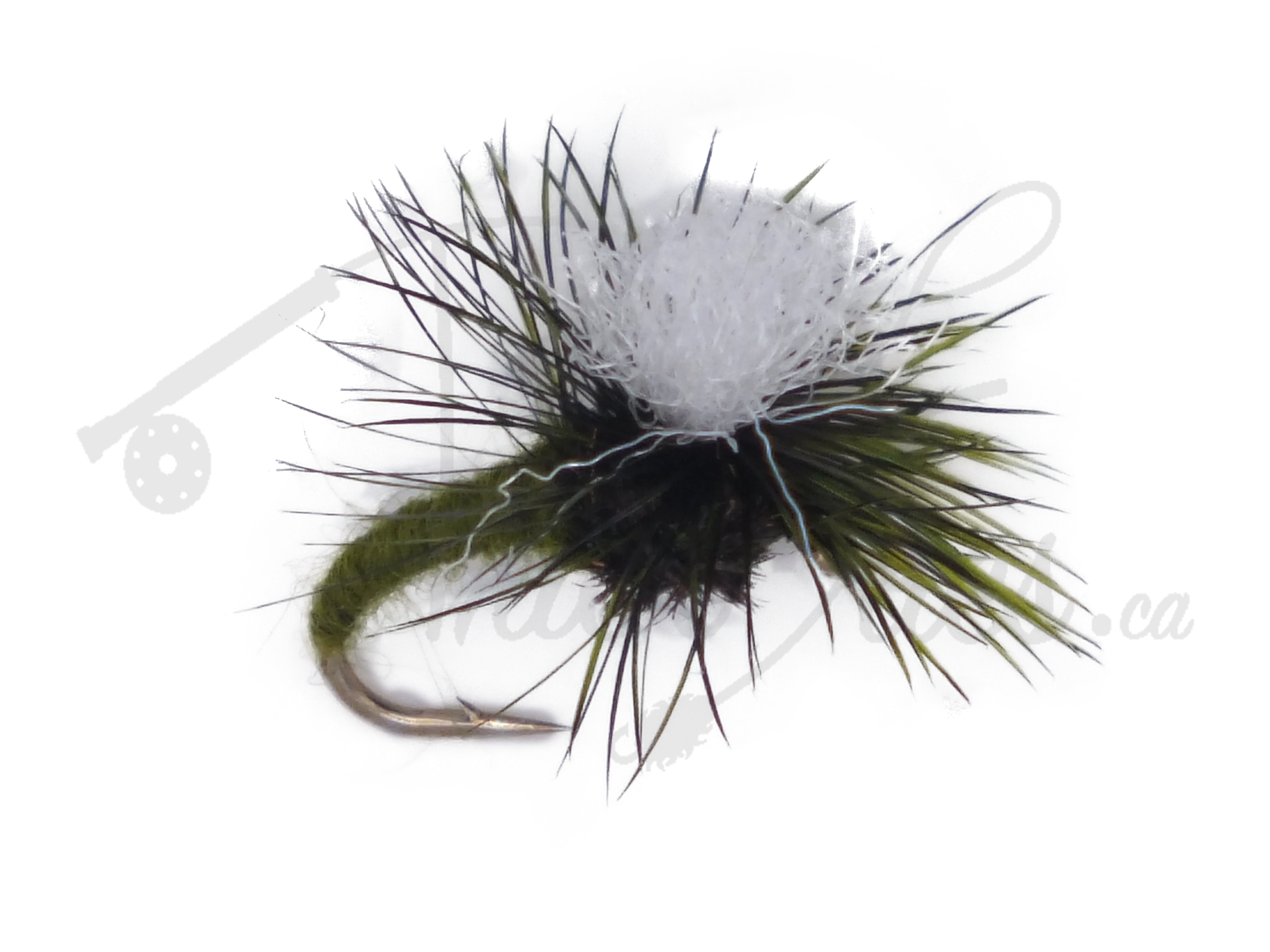 Olive Klinkhammer fly fishing lure with white wing post and curved hook on white background