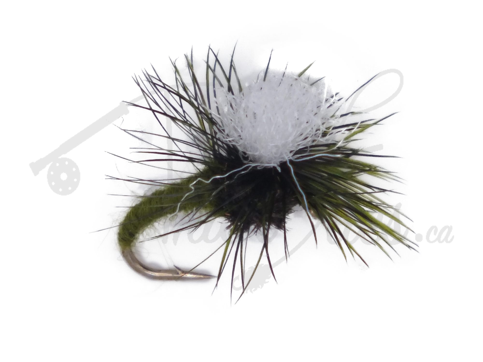 Olive Klinkhammer fly fishing lure with white wing post and curved hook on white background