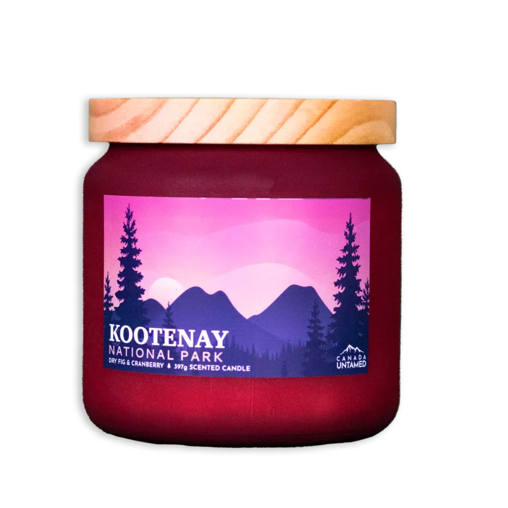 Kootenay National Park dry fig cranberry scented candle in red jar with mountain label