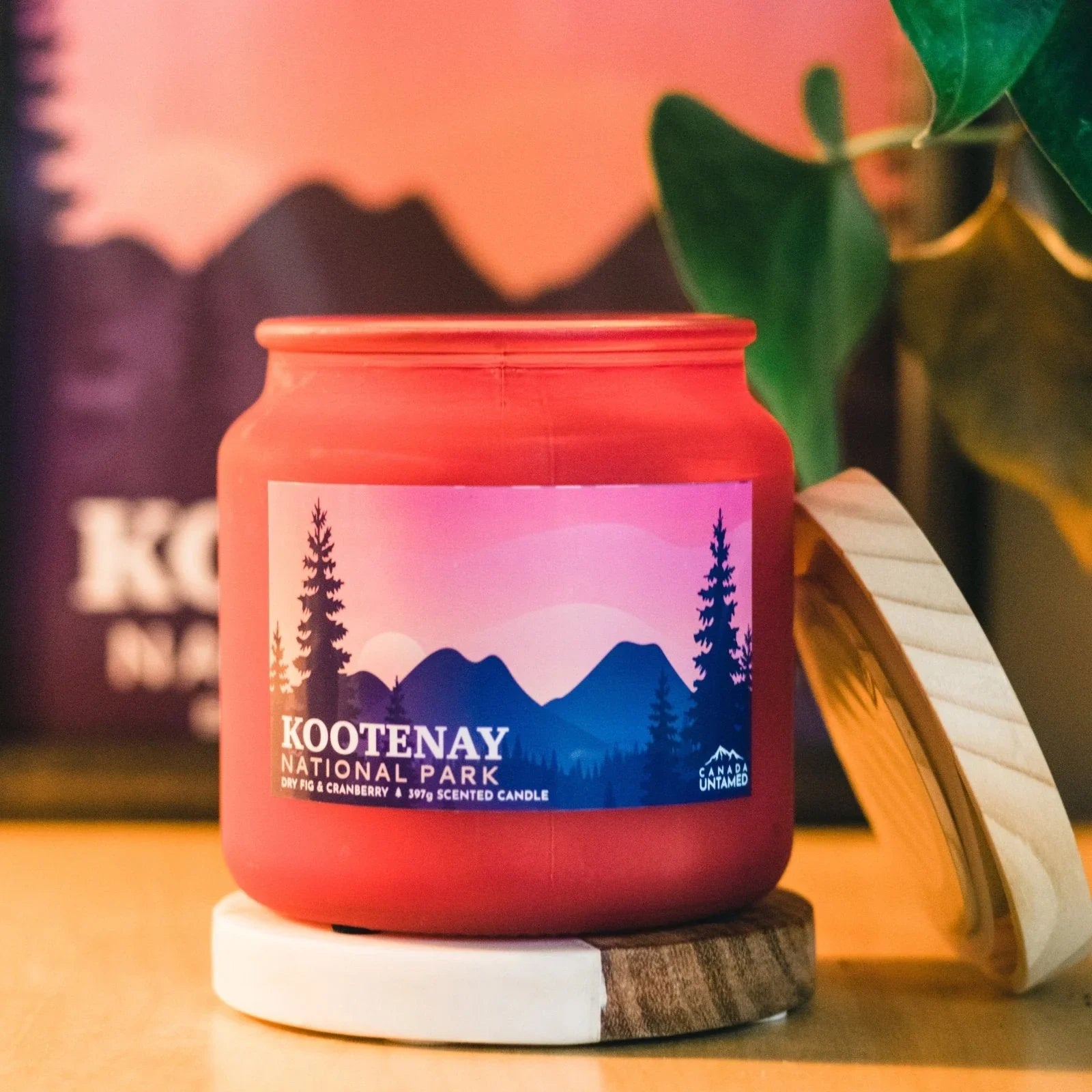 Kootenay National Park dry fig cranberry scented candle in red jar with nature label