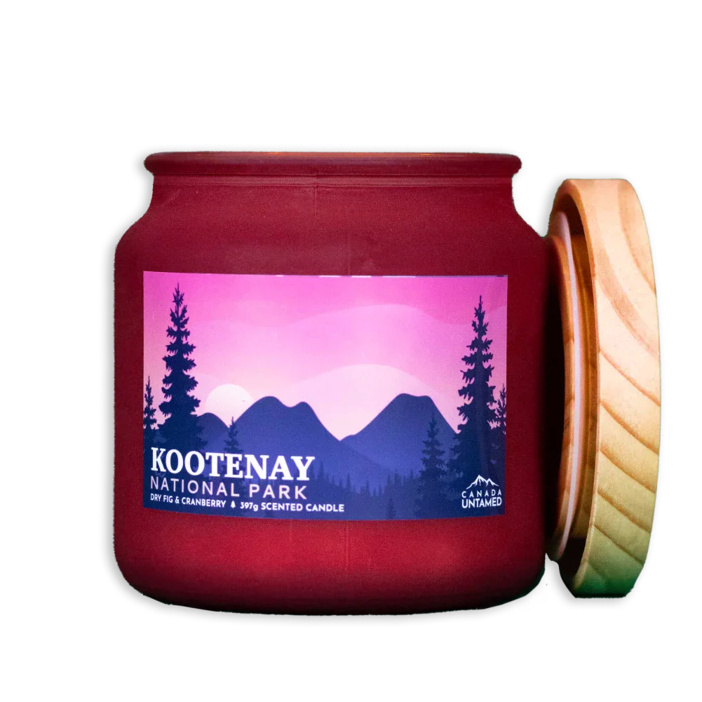 Kootenay National Park dry fig cranberry scented candle with wood lid and mountain label