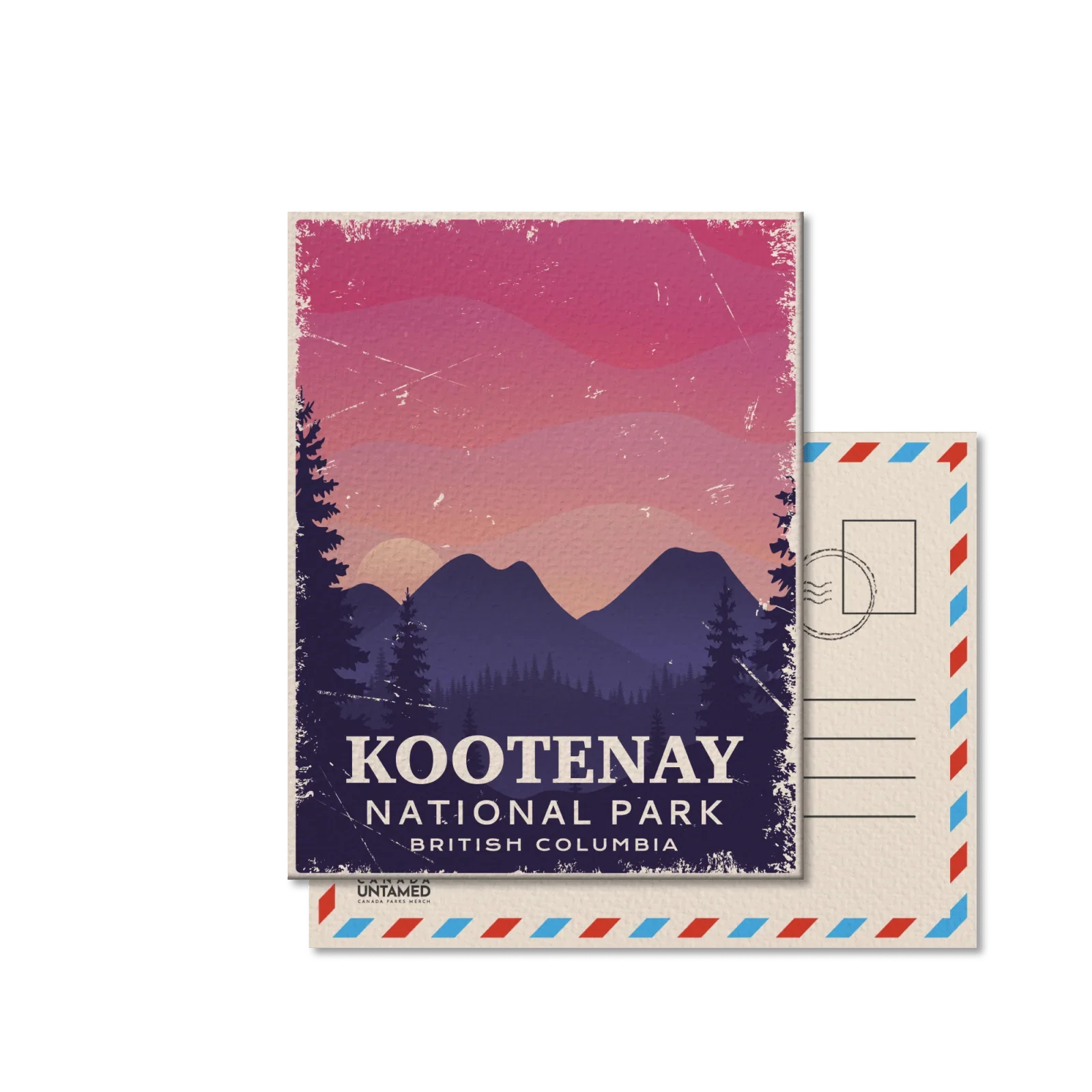 Kootenay National Park postcard with mountain silhouette and pink sunset, British Columbia