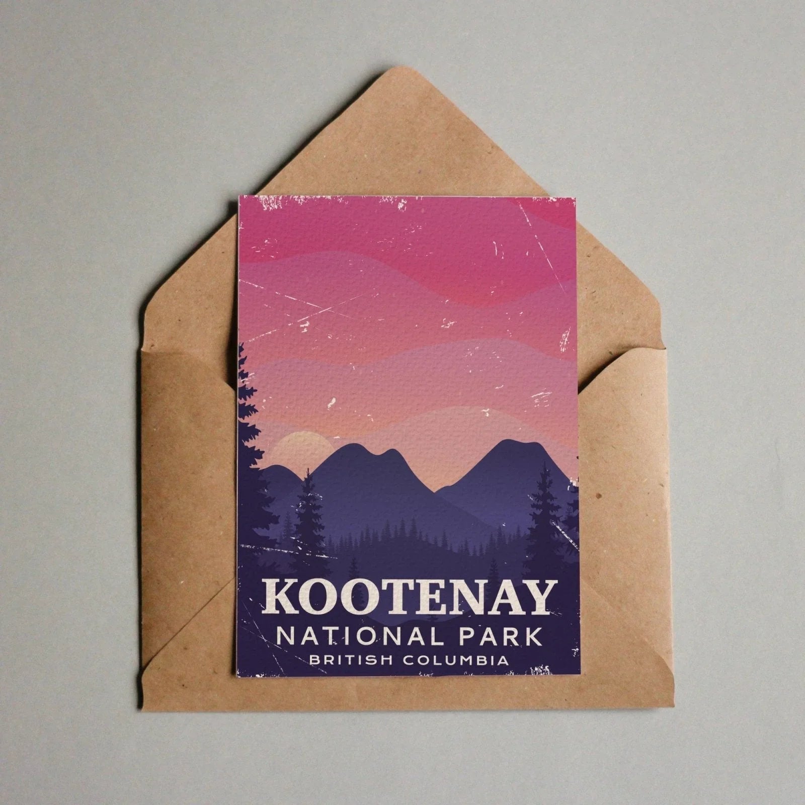 Kootenay National Park British Columbia postcard with pink mountain landscape illustration.
