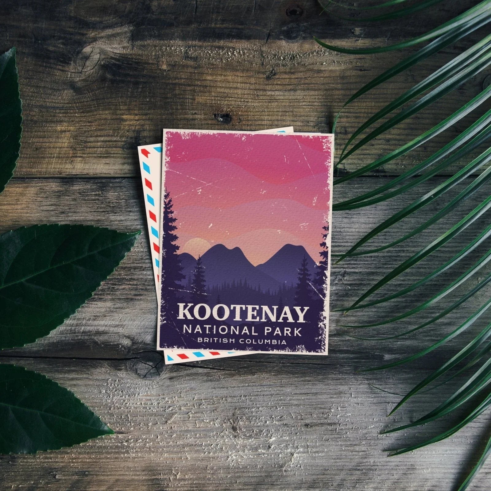Kootenay National Park postcard on rustic wood with tropical leaves, mountain illustration