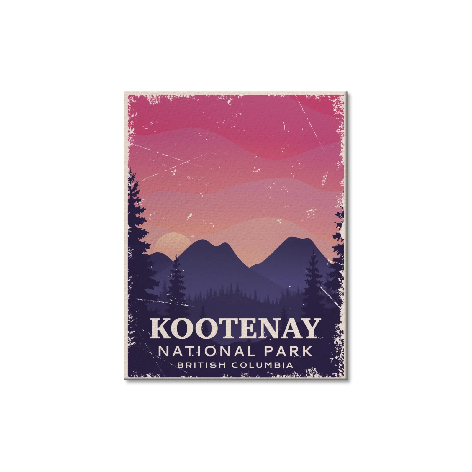 Vintage Kootenay National Park postcard with mountains and sunset, British Columbia