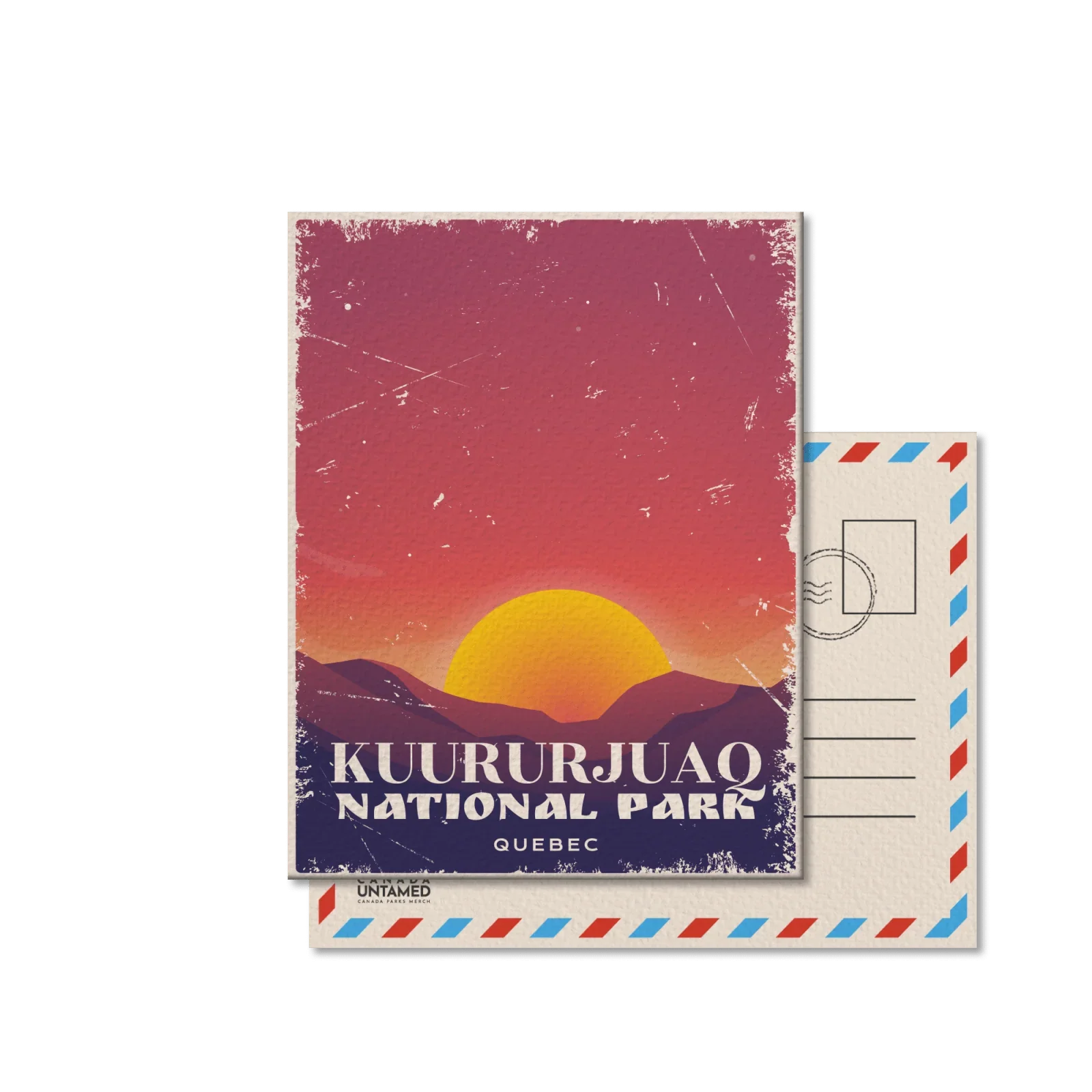 Kuururjuaq National Park Quebec postcard with sunset and mountain silhouette