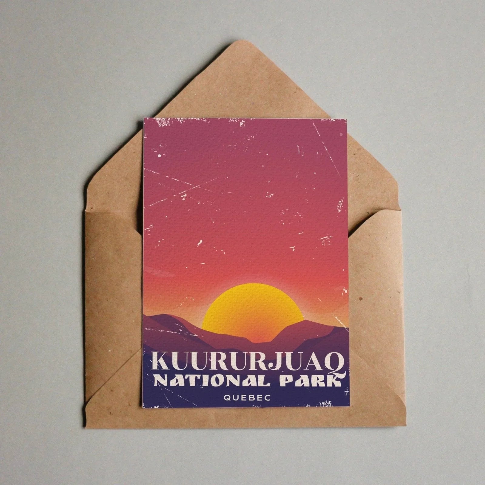 Kuururjuaq National Park Quebec postcard with sunset and mountains in brown envelope