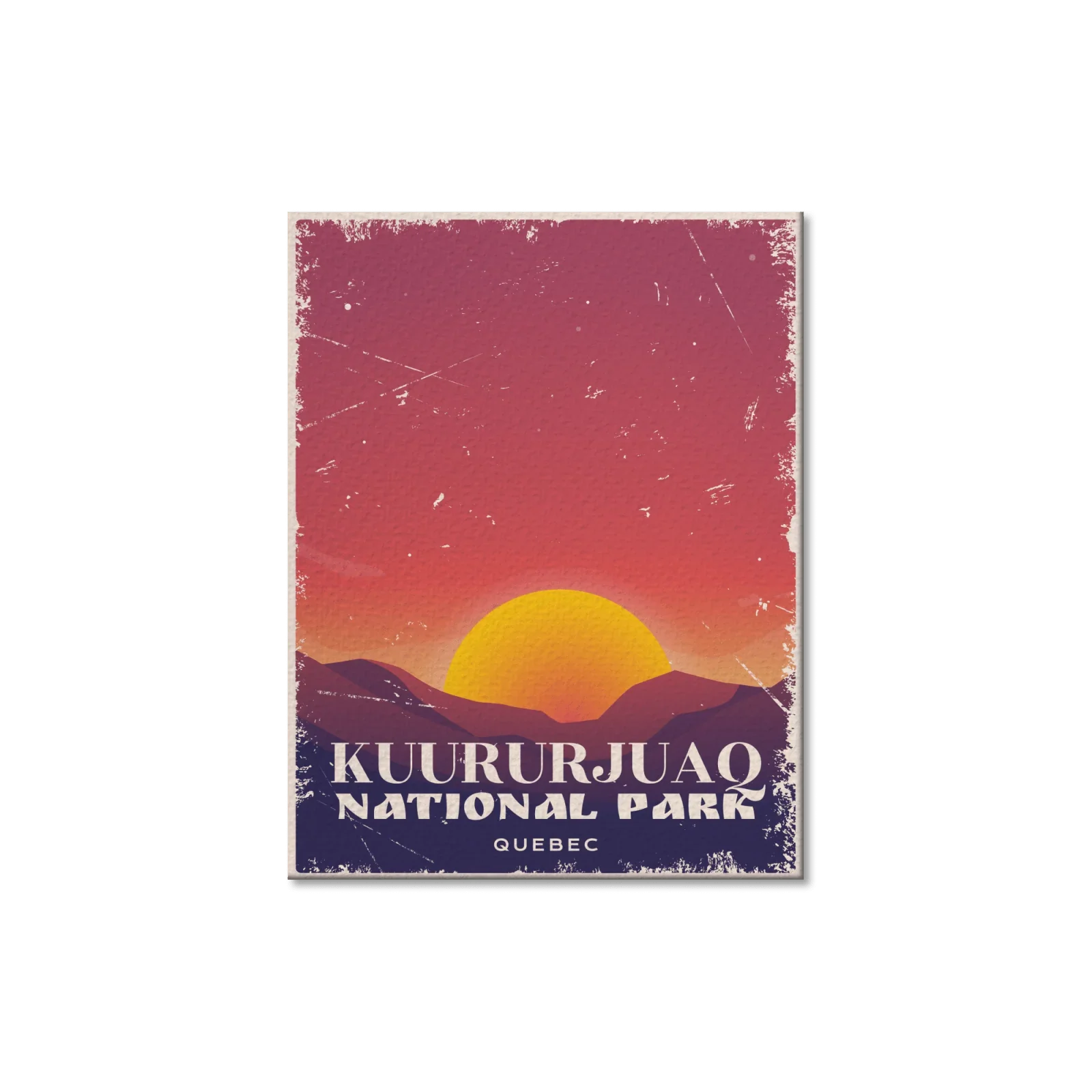 Kuururjuaq National Park Quebec postcard with sunset over mountain silhouette.